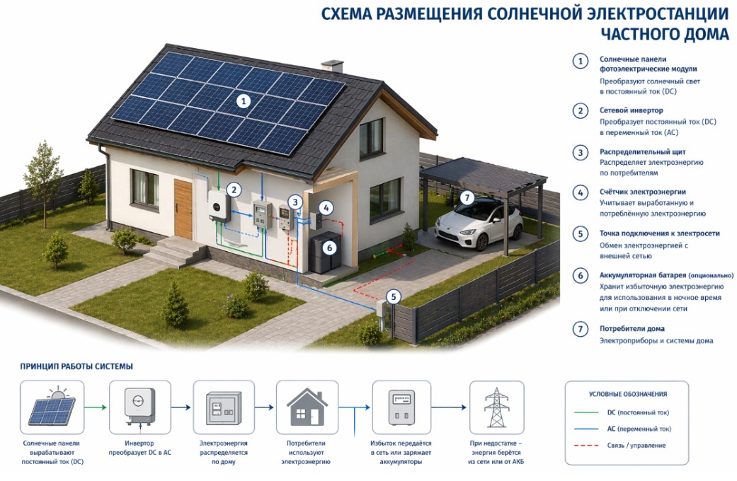 Схема размещения солнечной электростанции в частном доме